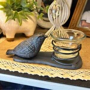 Rustic Dark Gray Iron Bird Votive Candle Holder with Removable Glass Cup
